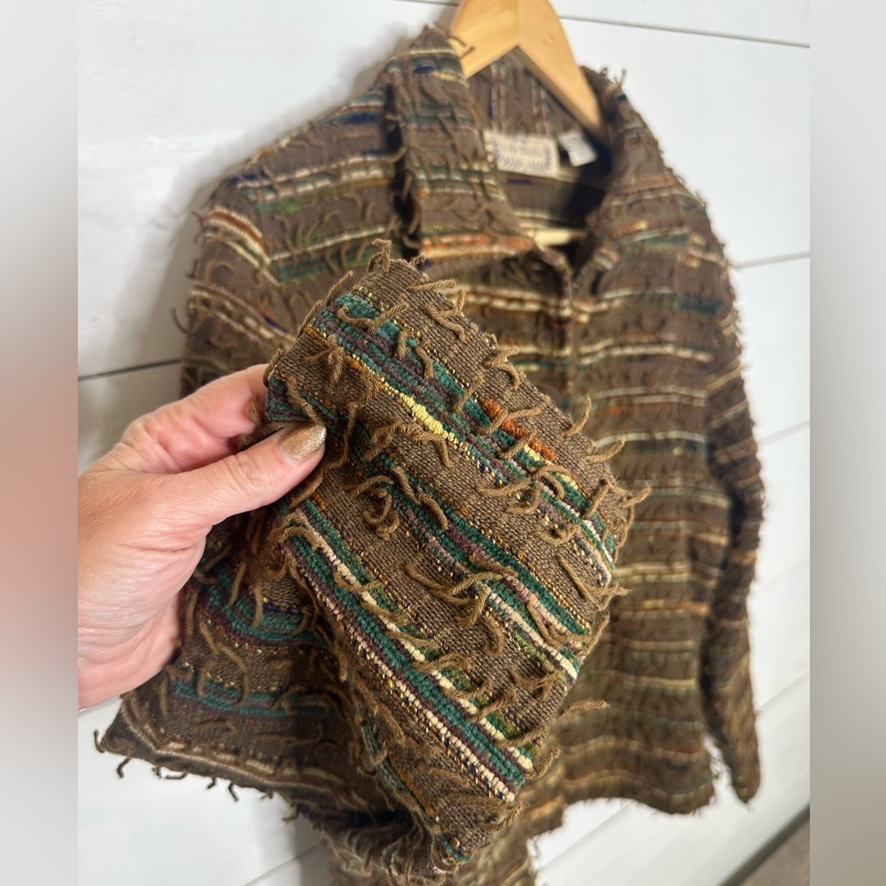 Life Style Womens Large Boho Textured Jacket Brown Fringe Cropped Southwest - Picture 2 of 6